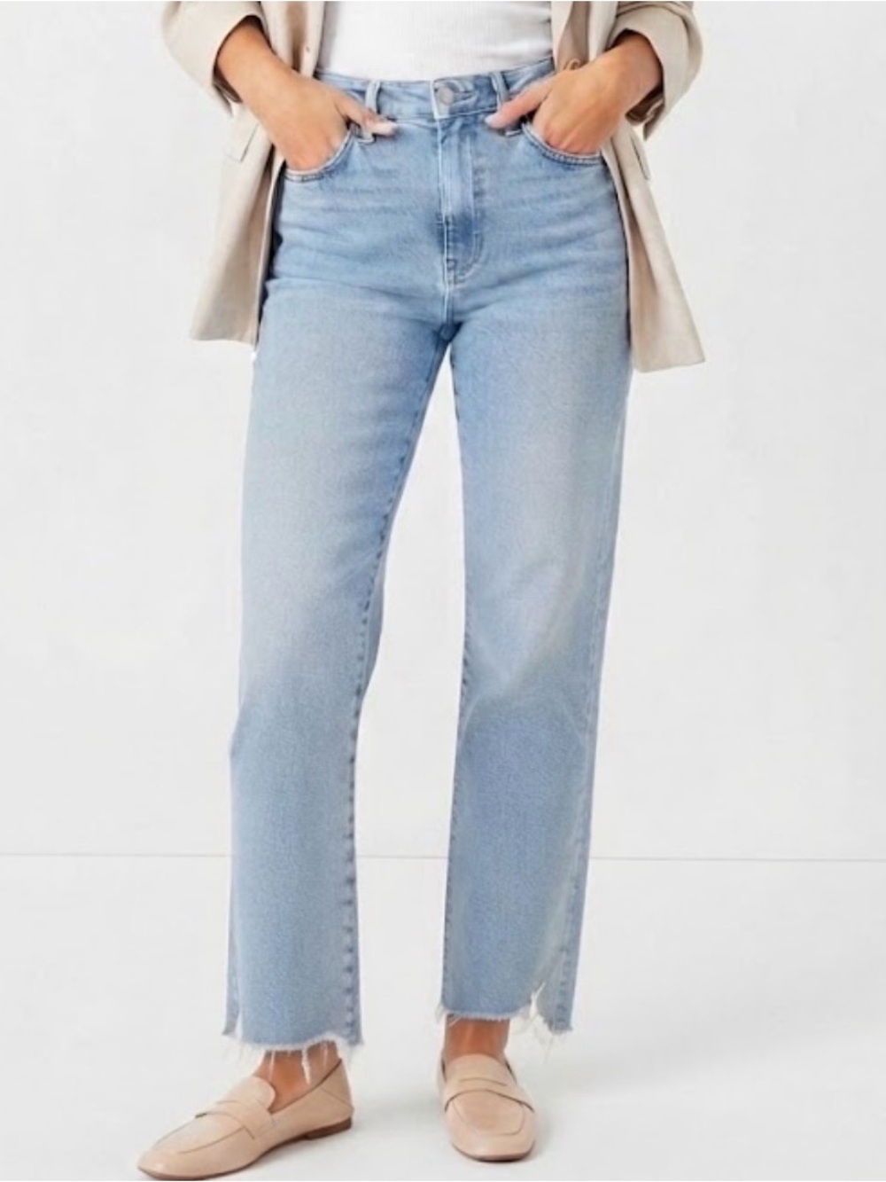 Good American High Waist Light Blue Women’s Jeans With Frayed Raw Size 14